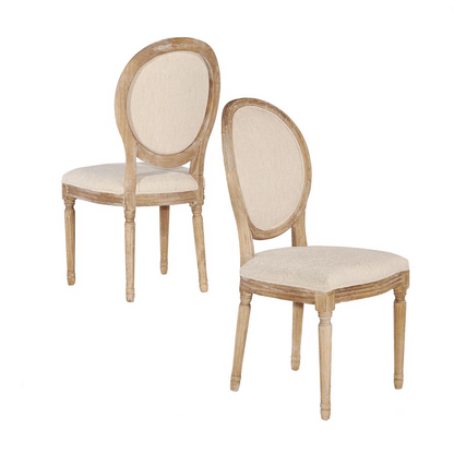 Set of two Avalon Linen Oval Back Chairs by Start2Finish, featuring beige fabric upholstery and wooden legs for elegant dining furniture.