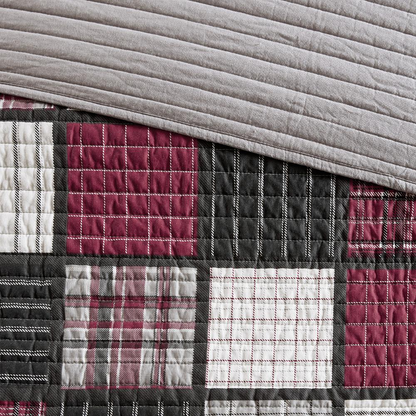 Start2Finish Tulsa oversized plaid cotton quilt set in red and grey with a cozy, large plaid pattern on soft cotton bedding.