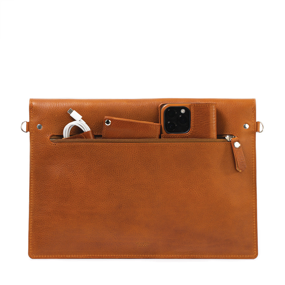 Start2Finish leather MacBook bag with an iPad pocket, stylish accessories case for carrying Apple devices and accessories.