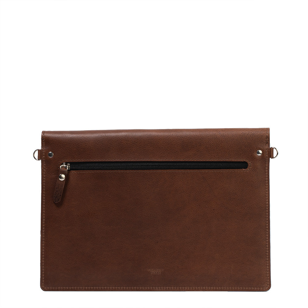 Start2Finish leather bag for MacBook with an interior pocket for iPad, showcasing a sleek, brown leather accessory for tech devices.
