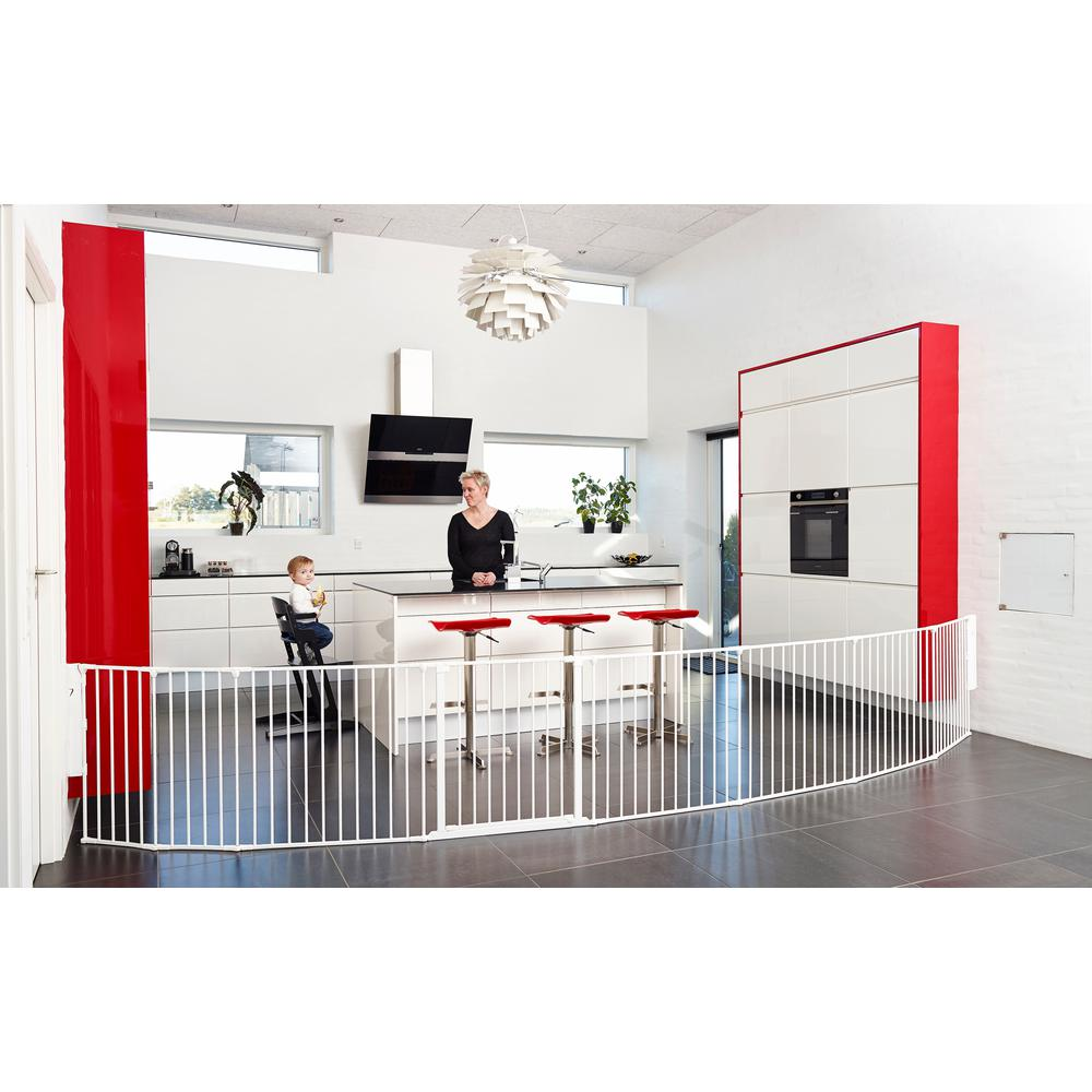 Start2Finish Flex XXL room divider safety gate in white, extending up to 138 inches, creates a secure play space for children.