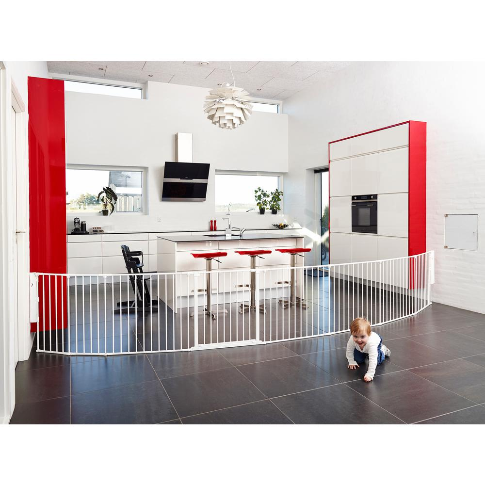 Start2Finish Flex XXL room divider safety gate in white, expandable play space barrier measuring 35.4 to 138 inches wide.