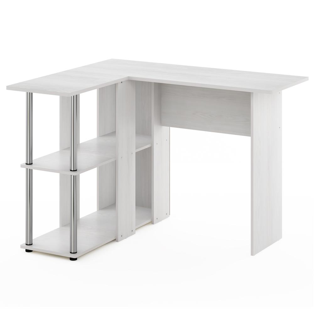 Furinno Abbott L-shape desk with bookshelf in white oak finish and stainless steel tubes, ideal for home office setup.