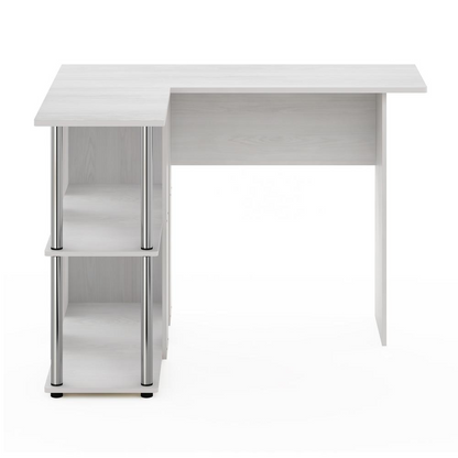 Furinno Abbott L-Shape Desk with Bookshelf in white oak finish featuring stainless steel tubes and a spacious workspace.