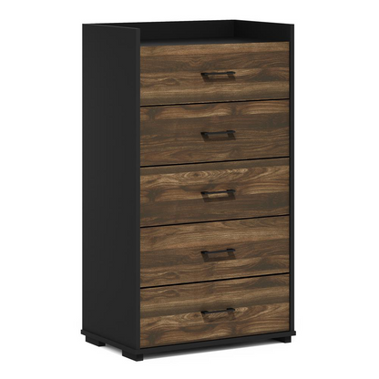Start2Finish Furinno Tidur 5-drawer bedroom dresser in Columbia Walnut and Black, featuring modern handles and ample storage.