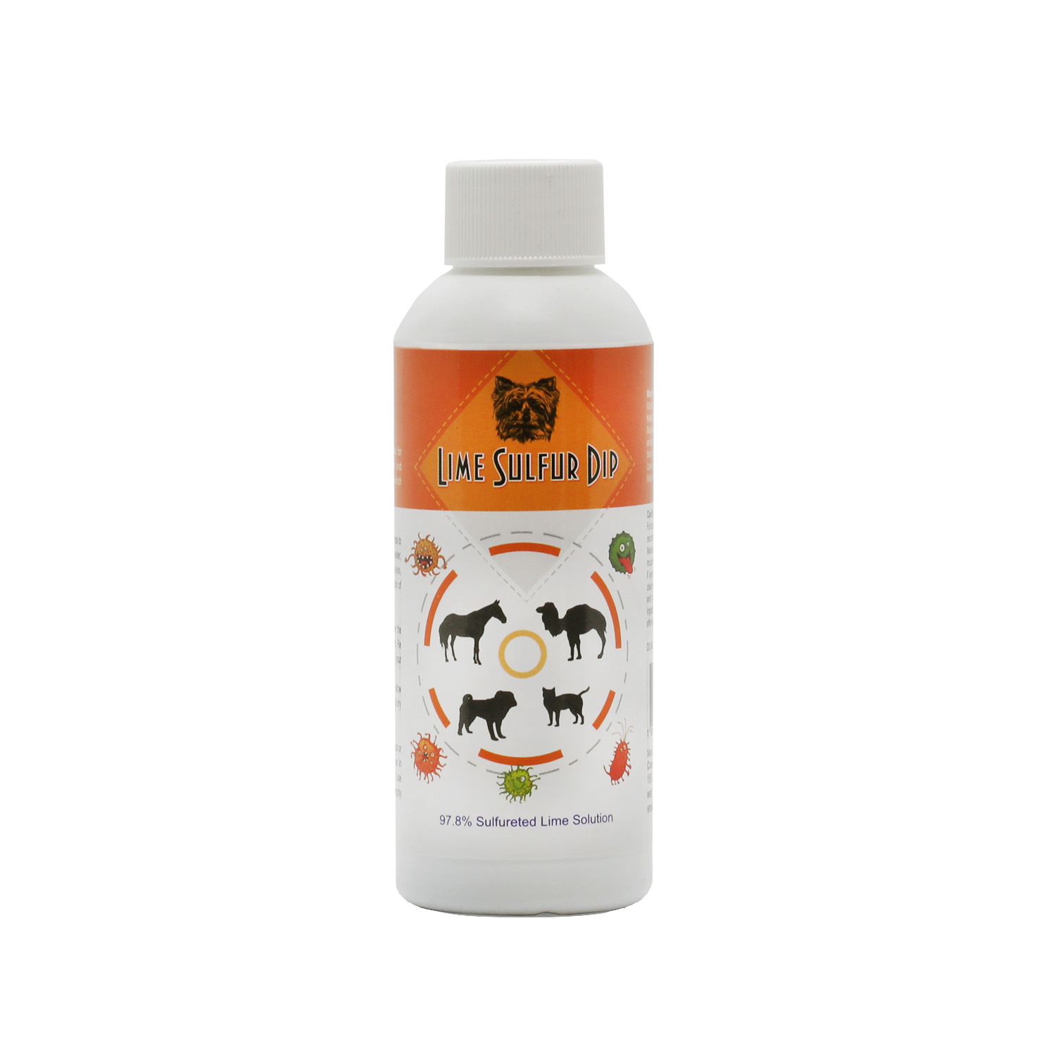 Start2Finish Lime Sulfur Dip for pets, concentrated sulfur solution for skin issues in dogs, cats, horses, and livestock.