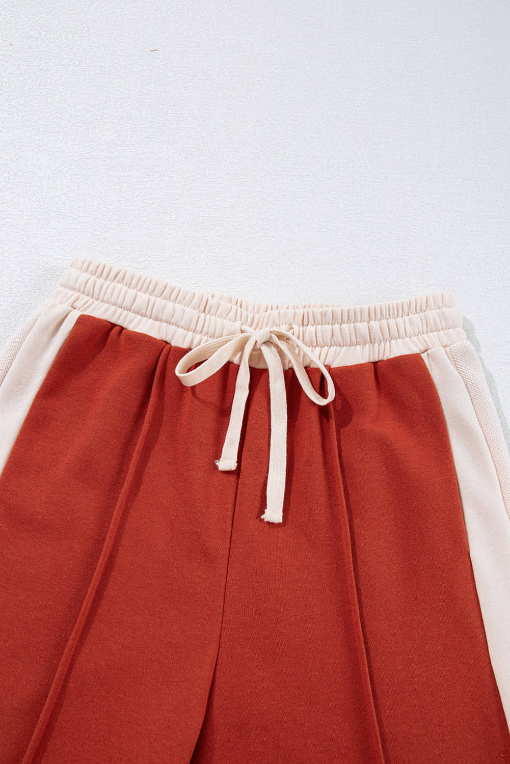 Carmine Juneberry flamingo color block high waist wide-leg drawstring pants displayed on a model.