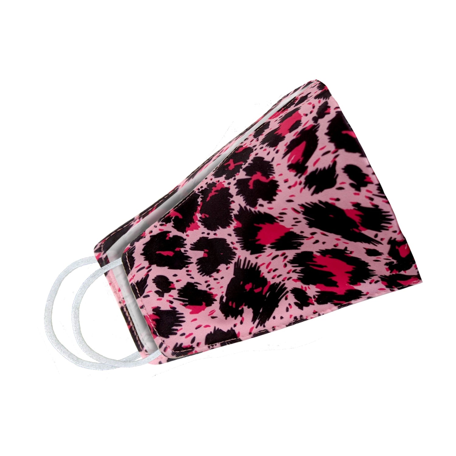 Pink cheetah print face mask for women by Cyan Poppy, showing side view with animal print pattern and comfortable fit.