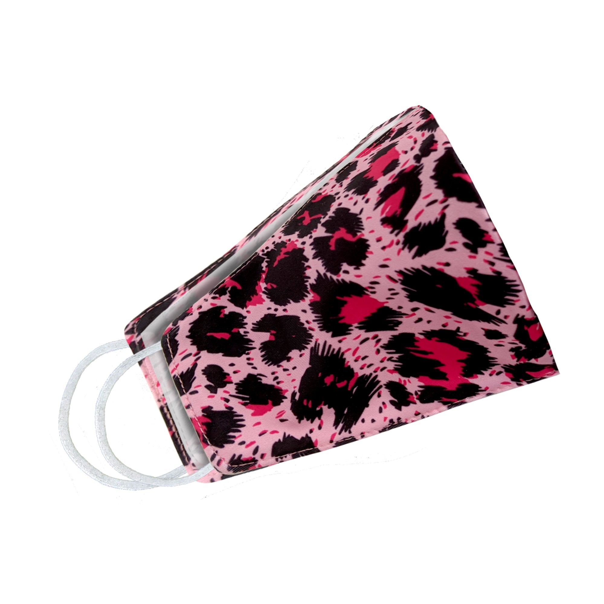 Pink cheetah print face mask for women by Cyan Poppy, showing side view with animal print pattern and comfortable fit.