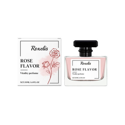 Carmine Juneberry Roxelis™ Rose Charm Eau de Parfum 50ml bottle with floral rose design, showcasing elegant bodycare packaging.