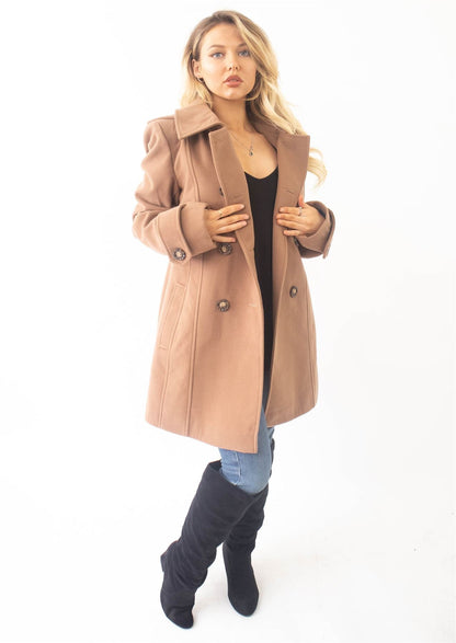 Rose Eleusis wool feel double-breasted hooded coat with front pockets, tailored fit, and cozy collar, perfect for cold weather.