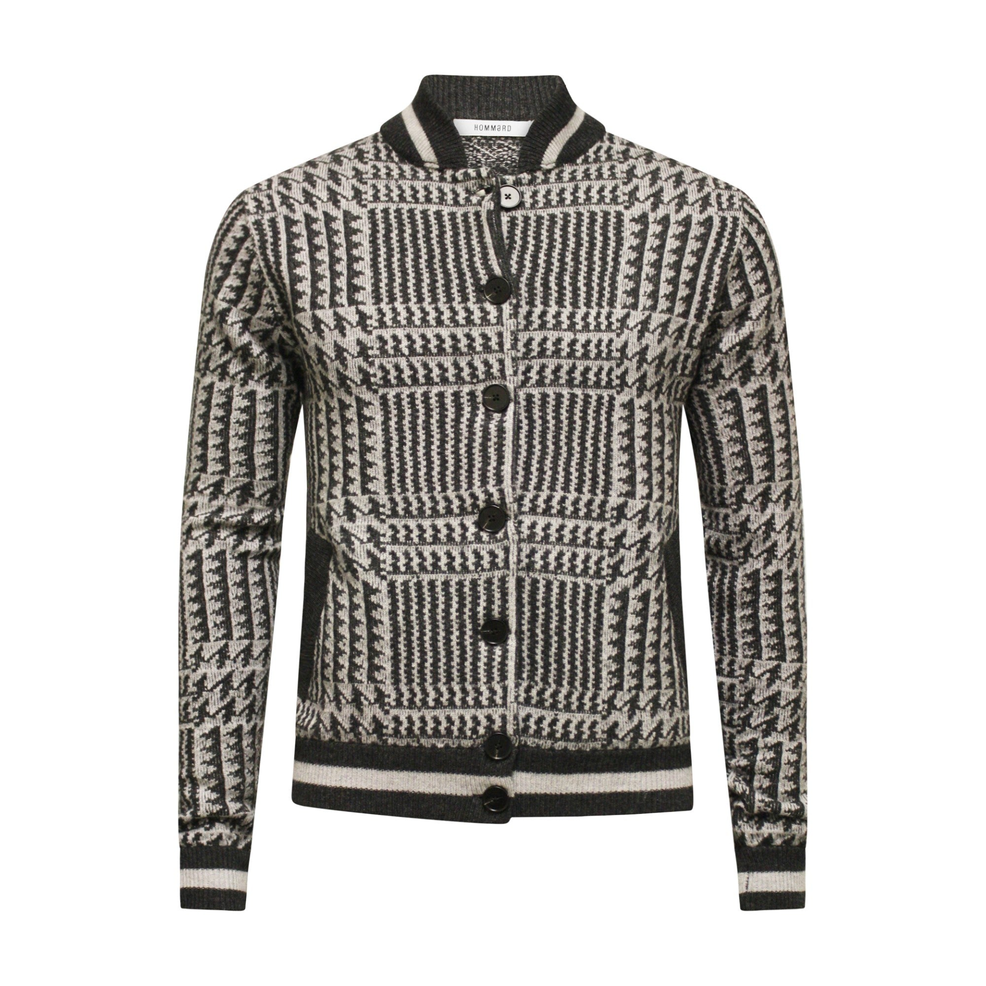 Start2Finish charcoal grey cashmere bomber jacket with houndstooth stitch, stylish and cozy apparel for cold weather.