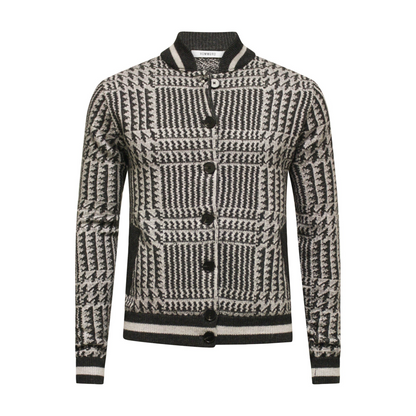 Start2Finish charcoal grey cashmere bomber jacket with houndstooth stitch, stylish and cozy apparel for cold weather.