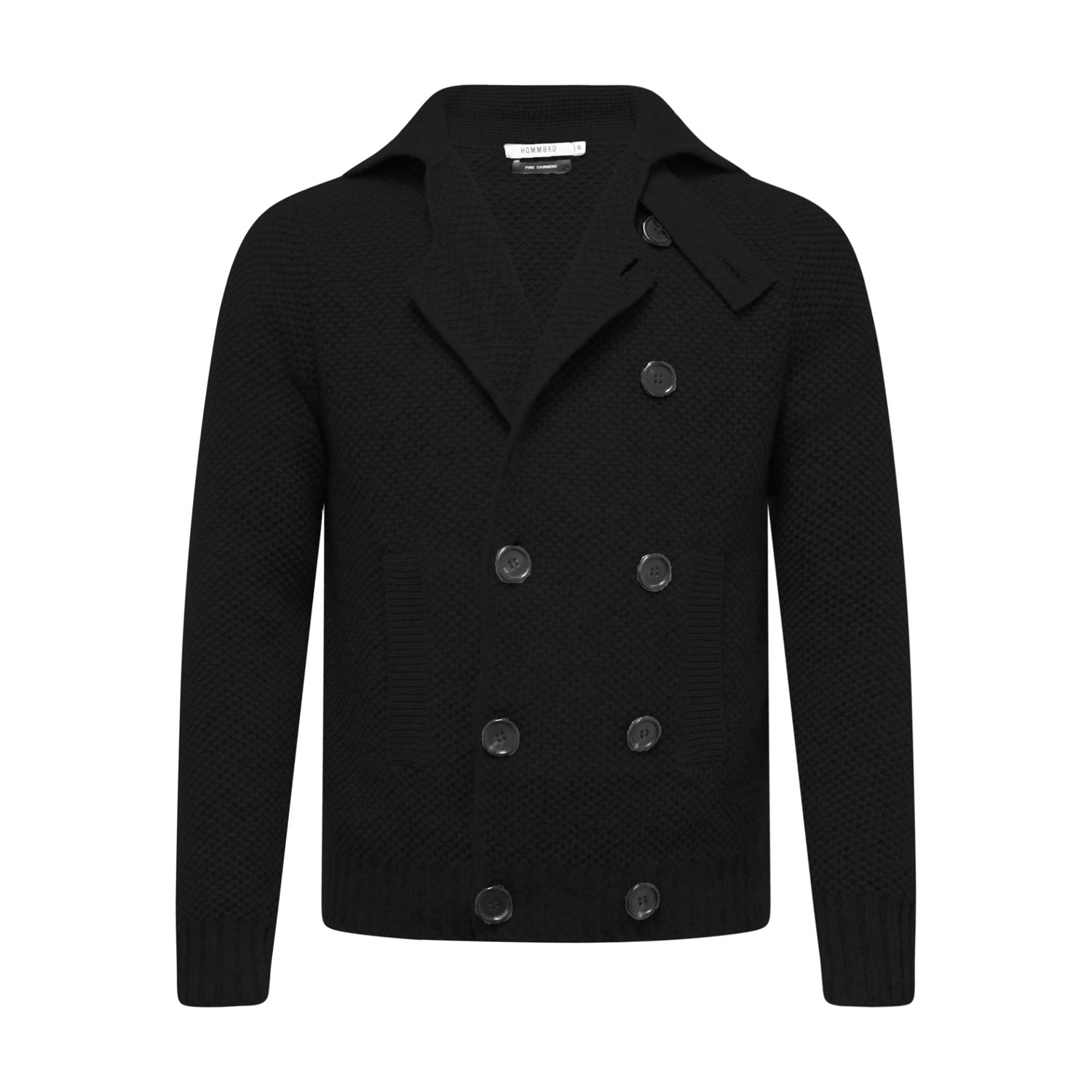 Start2Finish black cashmere double-breasted pea coat in seed stitch, shown on a hanger, with classic lapels and button details.