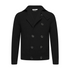 Start2Finish black cashmere double-breasted pea coat in seed stitch, shown on a hanger, with classic lapels and button details.