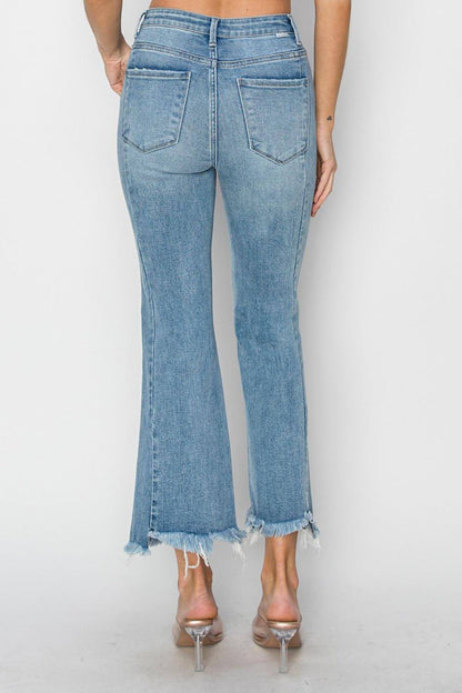 Carmine Juneberry Risen high rise flare jeans with frayed hem, full size, denim with stylish distressed detailing.
