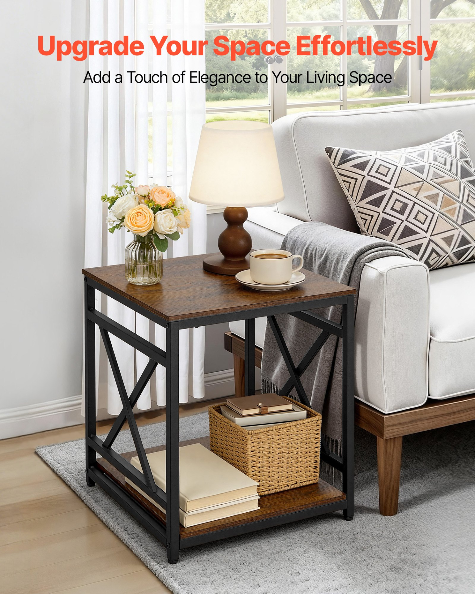 Start2Finish VEVOR 2-tier square end table with open storage shelves, metal X-frame, wood surface, ideal for living room or bedroom.