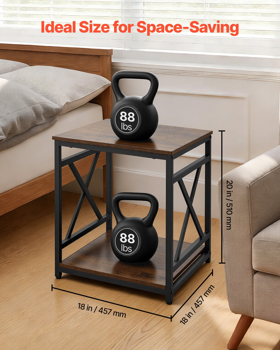 Modern VEVOR 2-tier square end table with open shelves, X-metal frame, and wood top, ideal for living room, bedroom, or office.