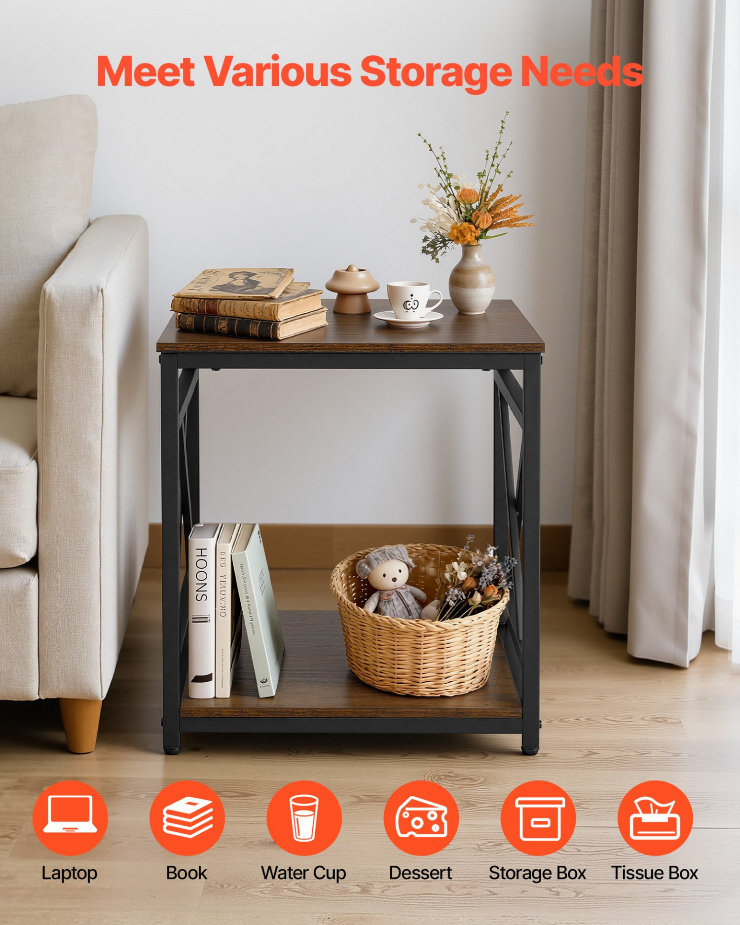Start2Finish VEVOR 2-tier square end table with open storage shelves, metal frame, and wood surface for living room or bedroom.