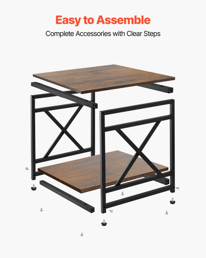 Brown VEVOR 2-tier square end table with open shelves, metal X-design frame, suitable as nightstand or sofa side table.