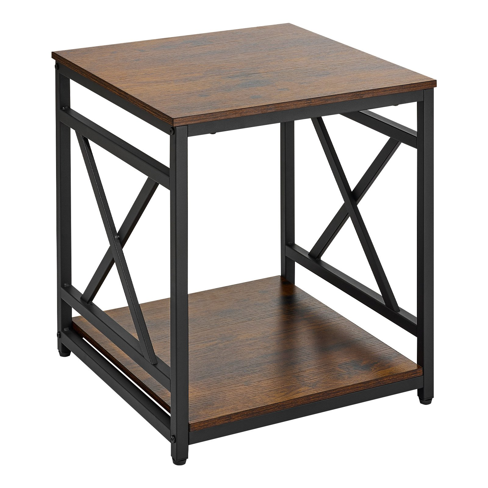 Start2Finish VEVOR 2-tier square end table with open shelves, wood top, X-metal frame, modern nightstand for living room or bedroom.