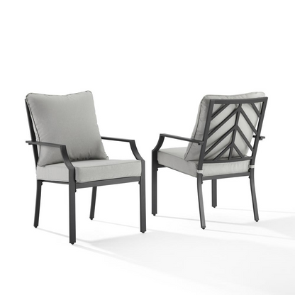 Start2Finish Otto 2-piece outdoor dining chair set with two metal chairs featuring armrests and woven seats for patio furniture.