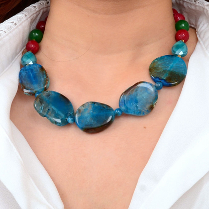 Jeweled blue agate chunky golden necklace with large blue stone beads and intricate gold accents, jewelry by Start2Finish.