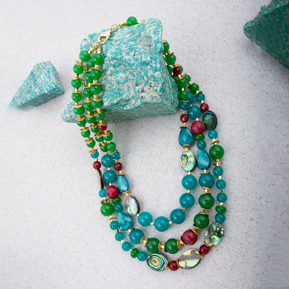 Green agate statement necklace with jeweled accents and gold finish, designed by Start2Finish for elegant jewelry styling.
