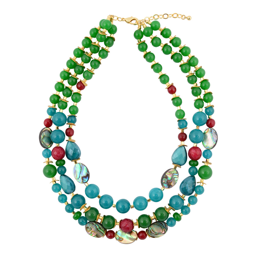 Jeweled green agate and gold statement necklace featuring intricate jewelry design with sparkling embellishments.