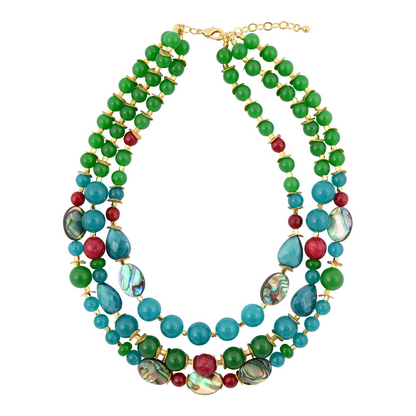 Jeweled green agate and gold statement necklace featuring intricate jewelry design with sparkling embellishments.