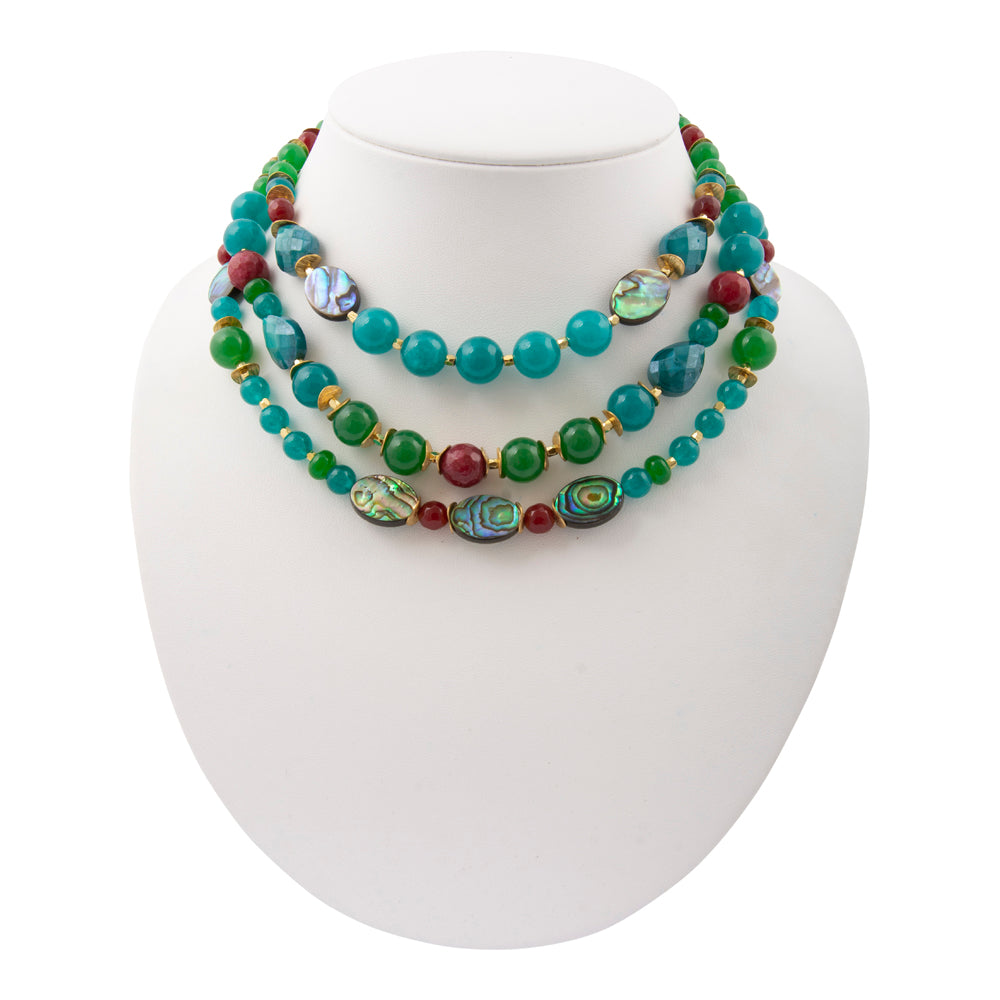Golden statement necklace with large green agate and jeweled accents, showcasing intricate jewelry design.