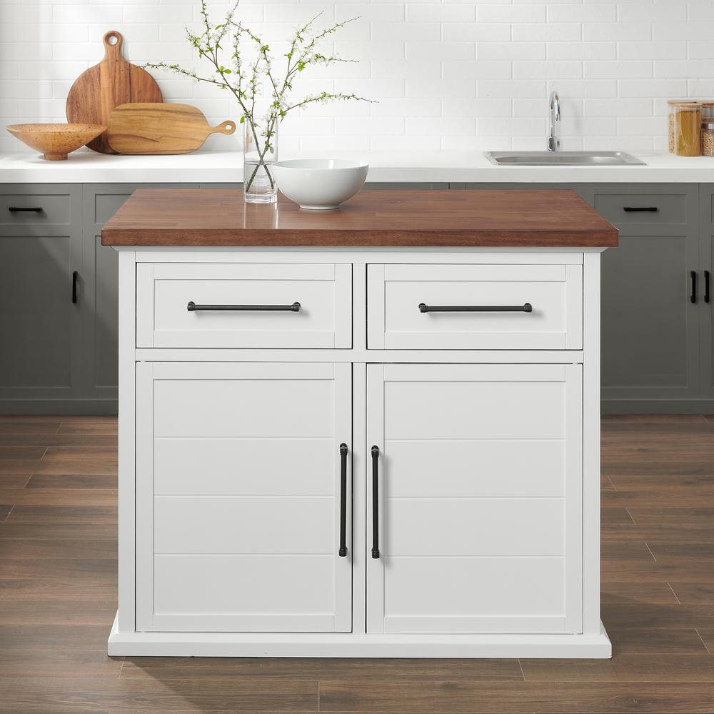 Start2Finish Bartlett wood top kitchen island with spacious storage drawers and a sturdy wood surface for cooking and prep.