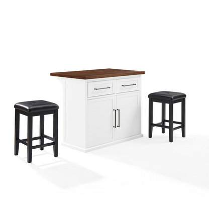 Start2Finish Bartlett wood-top kitchen island with two upholstered square stools, modern furniture for kitchen dining space.