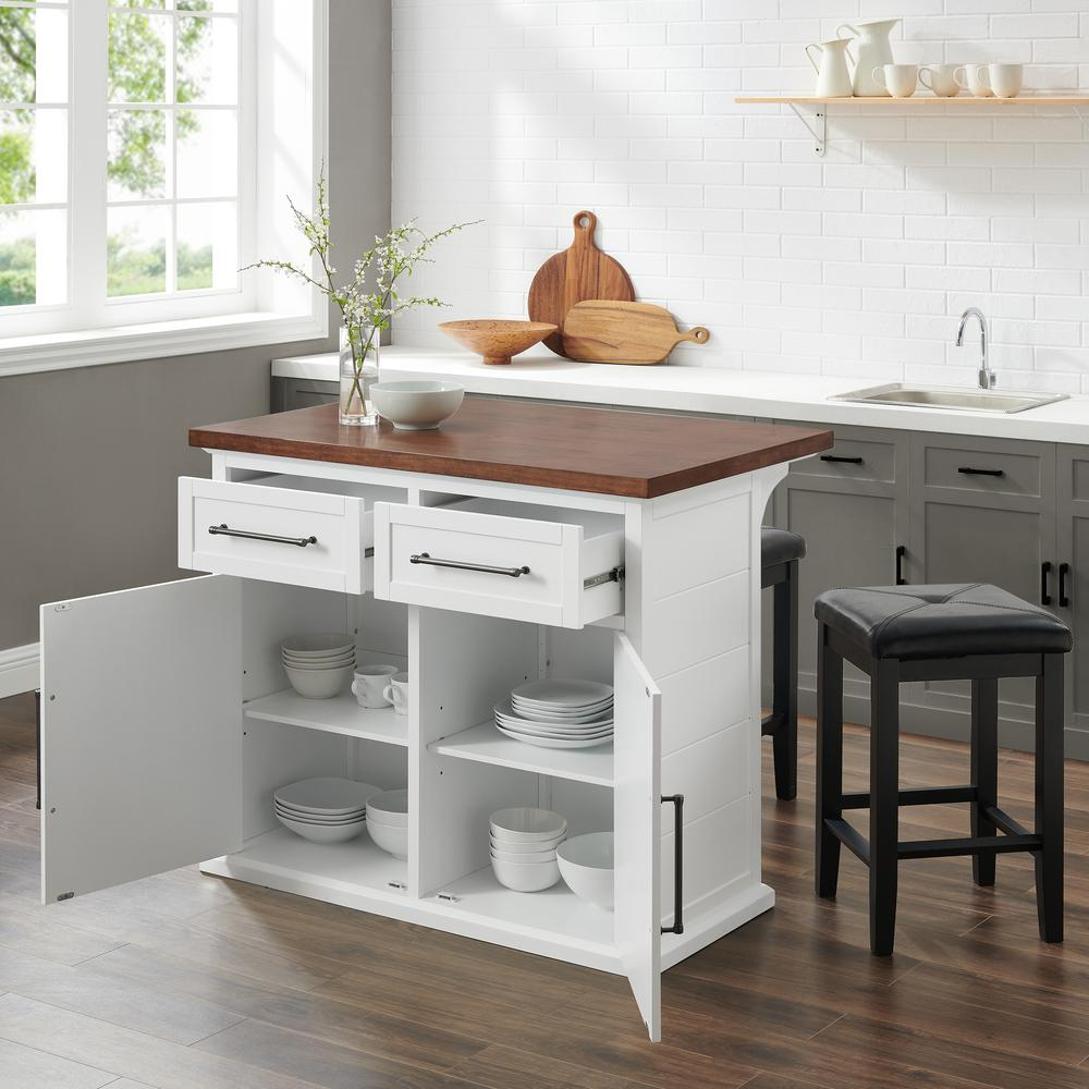 Start2Finish Bartlett wood top kitchen island with square upholstered stools, showcasing a sturdy wooden surface and modern seating.