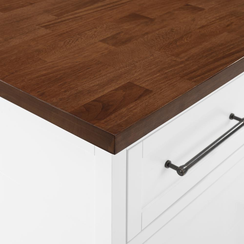 Start2Finish Bartlett wood top kitchen island with X-back stools, showcasing modern furniture design and natural wood finish.