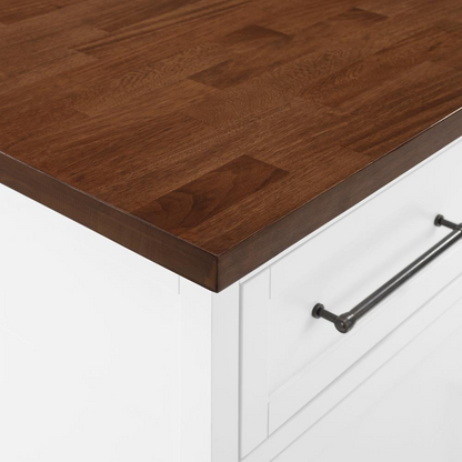 Start2Finish Bartlett wood top kitchen island with X-back stools, showcasing modern furniture design and natural wood finish.