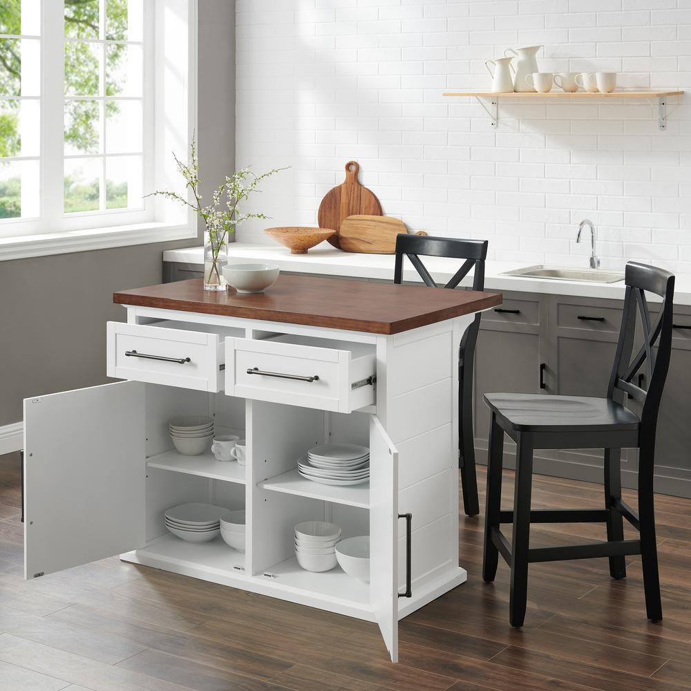 Start2Finish Bartlett wood top kitchen island with X-back stools, showcasing a spacious kitchen furniture set with wood finish.