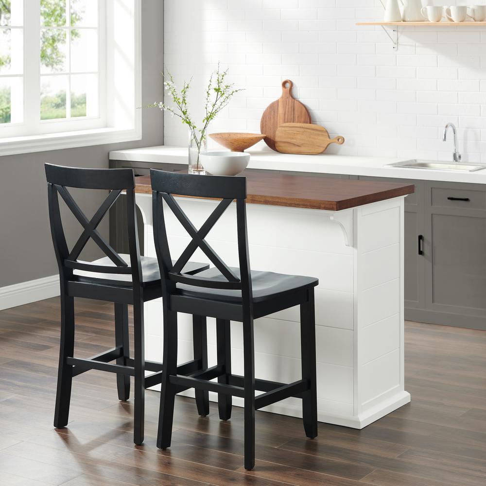 Start2Finish Bartlett wood top kitchen island with X-back stools, showcasing the sturdy island and matching dining chairs.