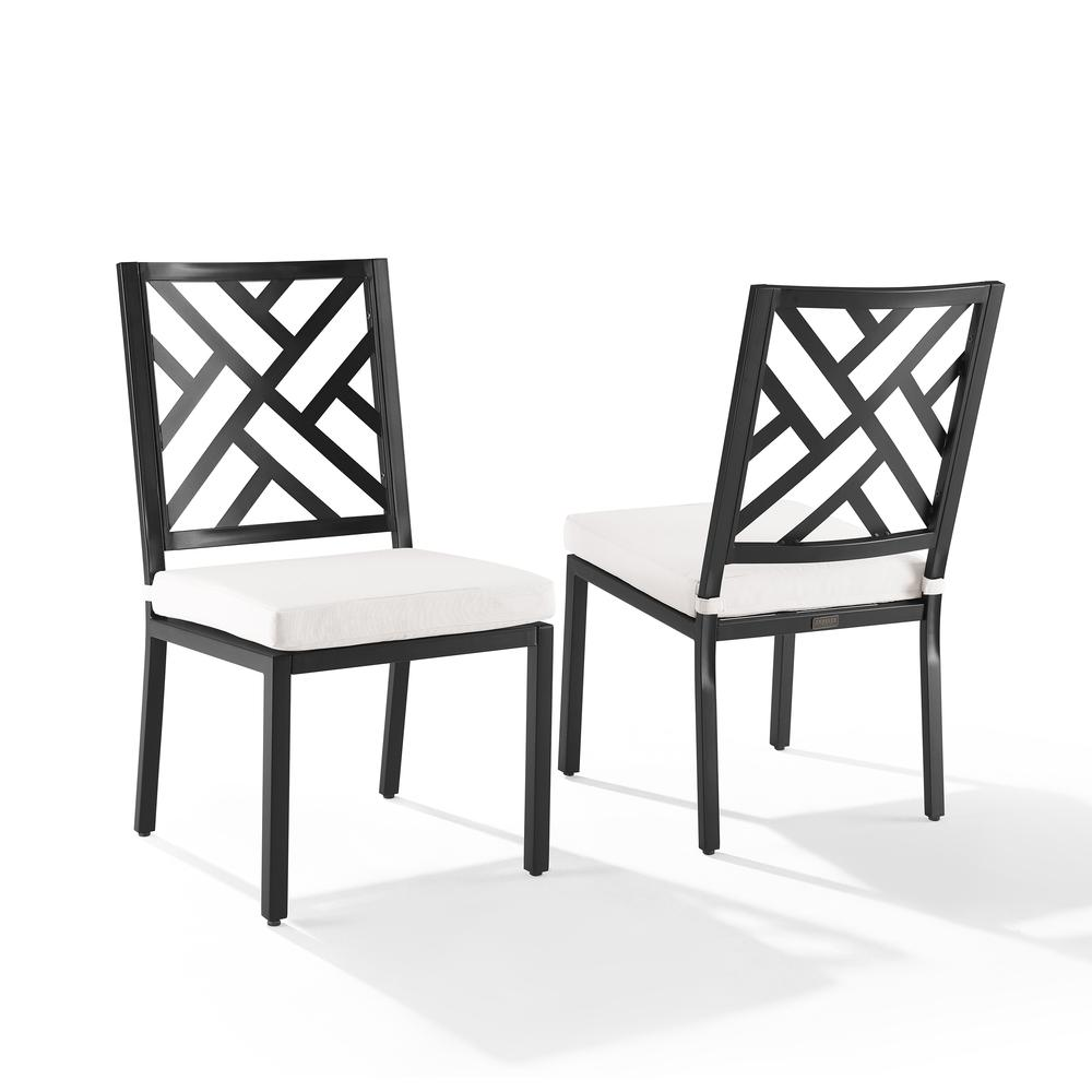 Start2Finish Locke 2-piece outdoor dining chair set with two stylish metal chairs featuring armrests and woven seats.