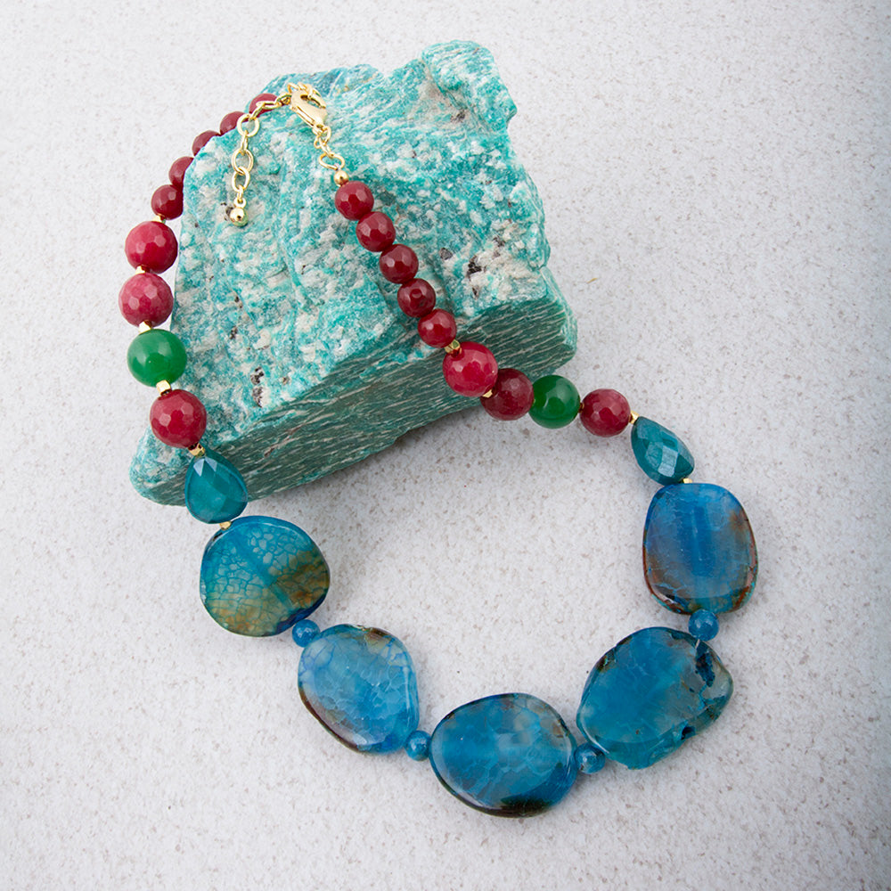 Jeweled blue agate chunky golden necklace with large blue agate stones and gold accents from Start2Finish jewelry collection.