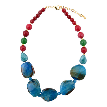 Jeweled blue agate chunky golden necklace featuring large blue agate stones and gold-tone accents, jewelry style by Start2Finish.