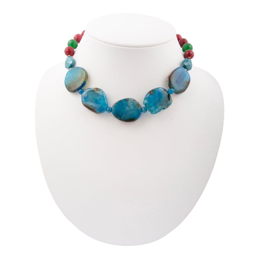 Start2Finish jeweled blue agate chunky golden necklace with large stone beads and intricate gold accents.