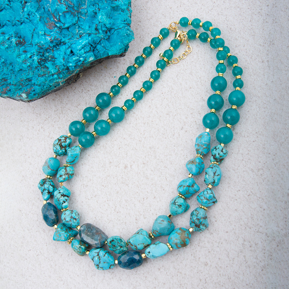 Start2Finish Aurora Chunky Blue Apatite Statement Necklace featuring large blue apatite stones and a gold-tone jewelry design.