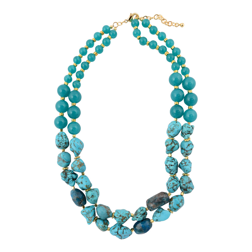Start2Finish Aurora Chunky Blue Apatite Golden Statement Necklace featuring large blue apatite stones and gold-tone chain.