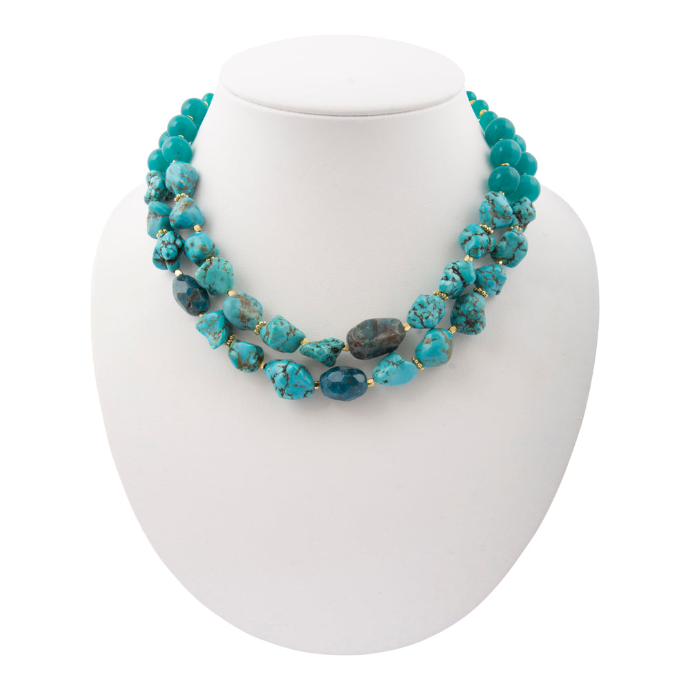 Start2Finish Aurora Chunky Blue Apatite Golden Statement Necklace featuring large blue apatite stones and a gold-tone chain.
