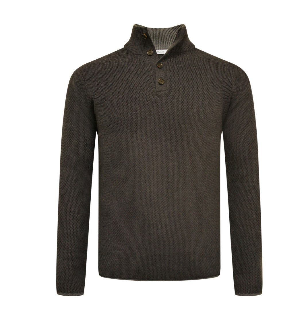 Dark brown cashmere sweater with button neck and seed stitch design from Start2Finish, showcasing its cozy, textured knit.