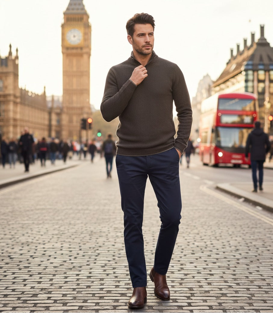Start2Finish dark brown cashmere sweater with button neck and seed stitch pattern, casual apparel for cozy style.