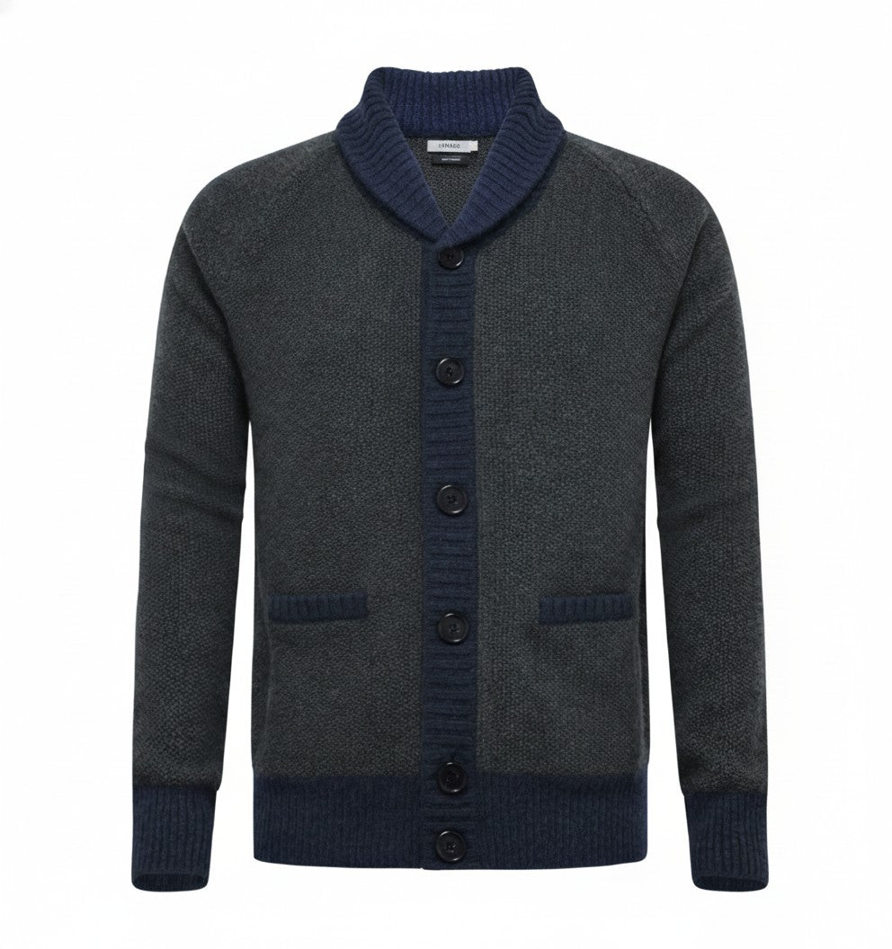 Start2Finish charcoal cashmere cardigan with navy waffle stitch, cozy and stylish apparel for layered warmth and comfort.