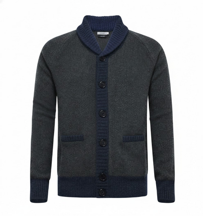 Start2Finish charcoal cashmere cardigan with navy waffle stitch, cozy and stylish apparel for layered warmth and comfort.