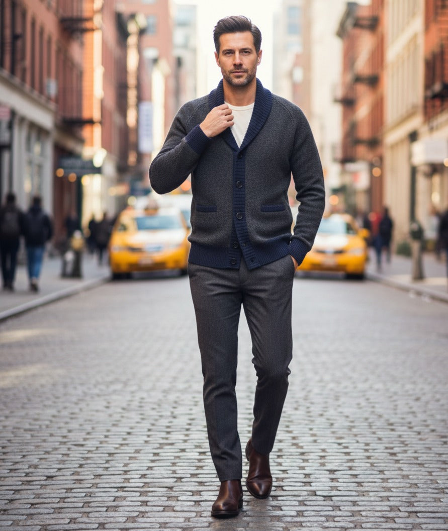 Start2Finish charcoal cashmere cardigan with navy waffle stitch pattern, featuring a cozy, stylish knit design for casual wear.